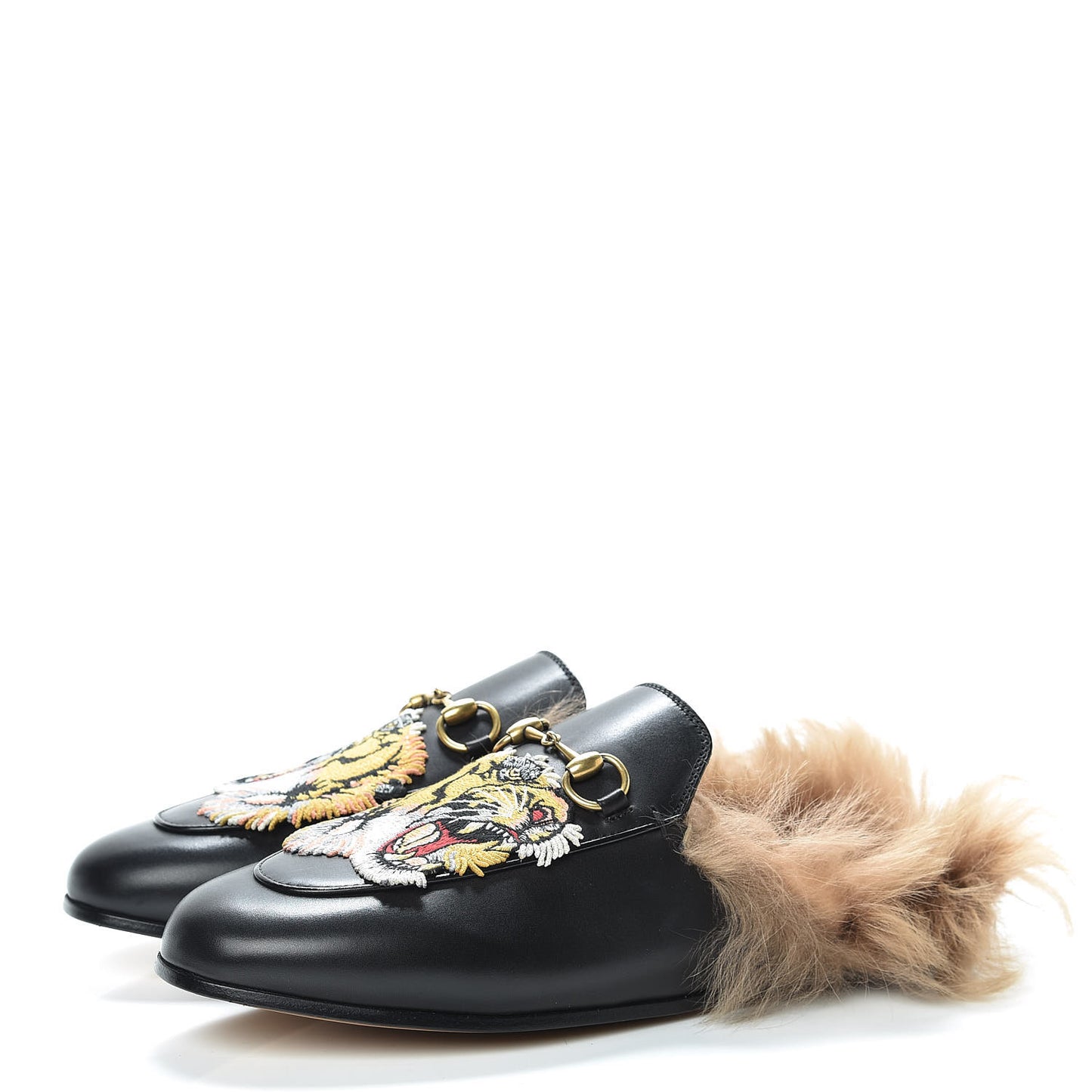 Calfskin Lambswool Tiger Embroidered Womens Princetown Slippers 37.5 Black