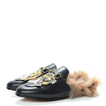 Gucci Calfskin Lambswool Tiger Embroidered Womens Princetown Slippers 37.5 Black 3 of 8