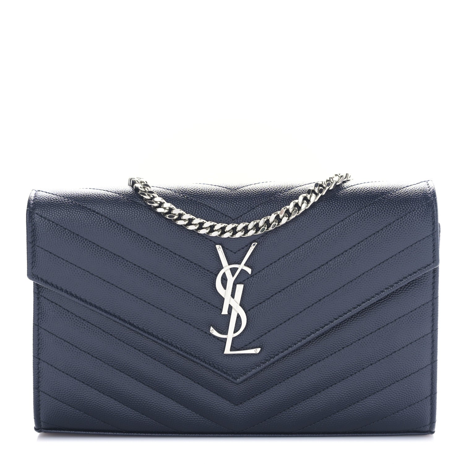 Saint Laurent Grain De Poudre Matelasse Chevron Monogram Chain Wallet Deep Marine 1 of 8