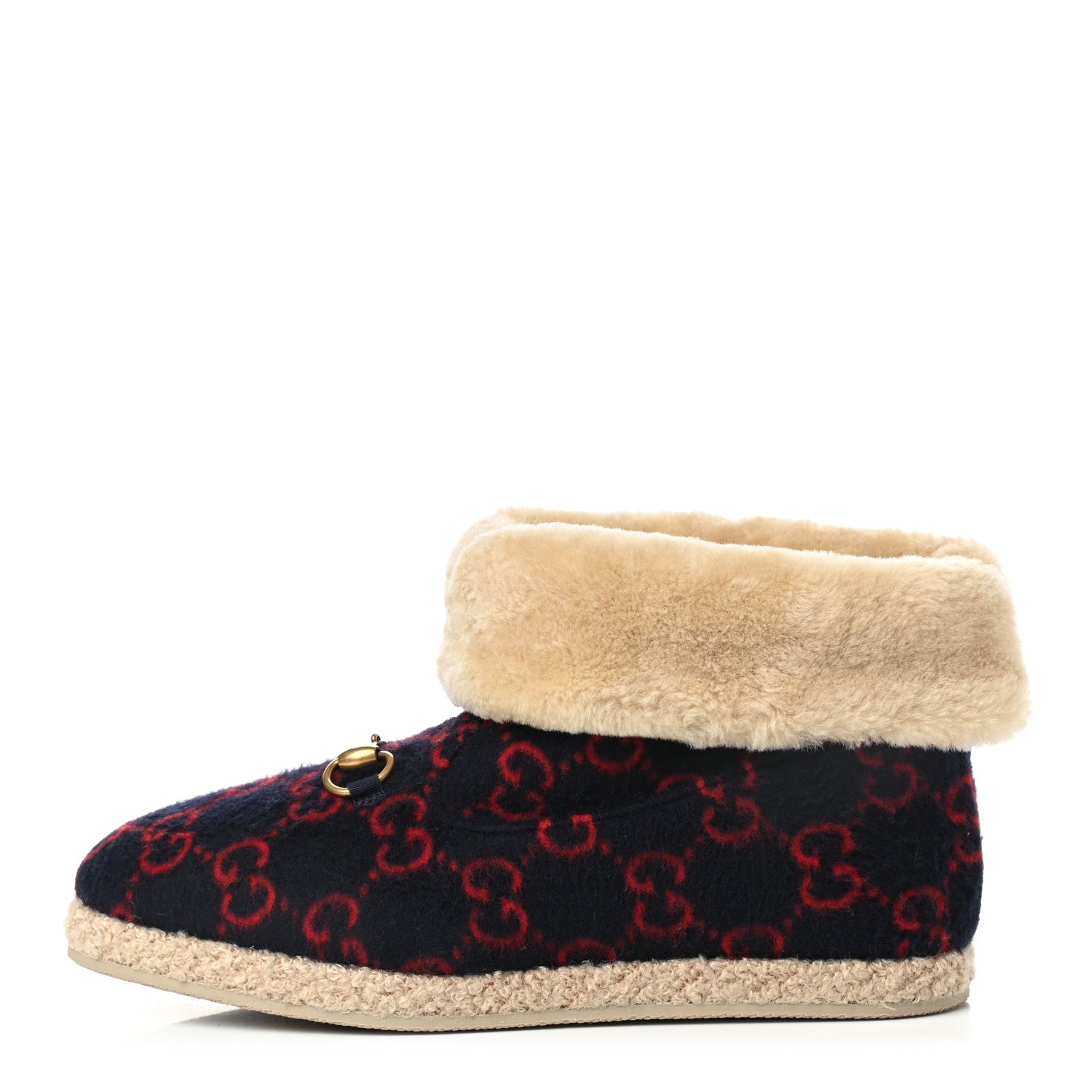 Gucci Covered Wool GG Monogram Mens Fria Horsebit Ankle Boots 8.5 Blue Red Butterscotch 1 of 8