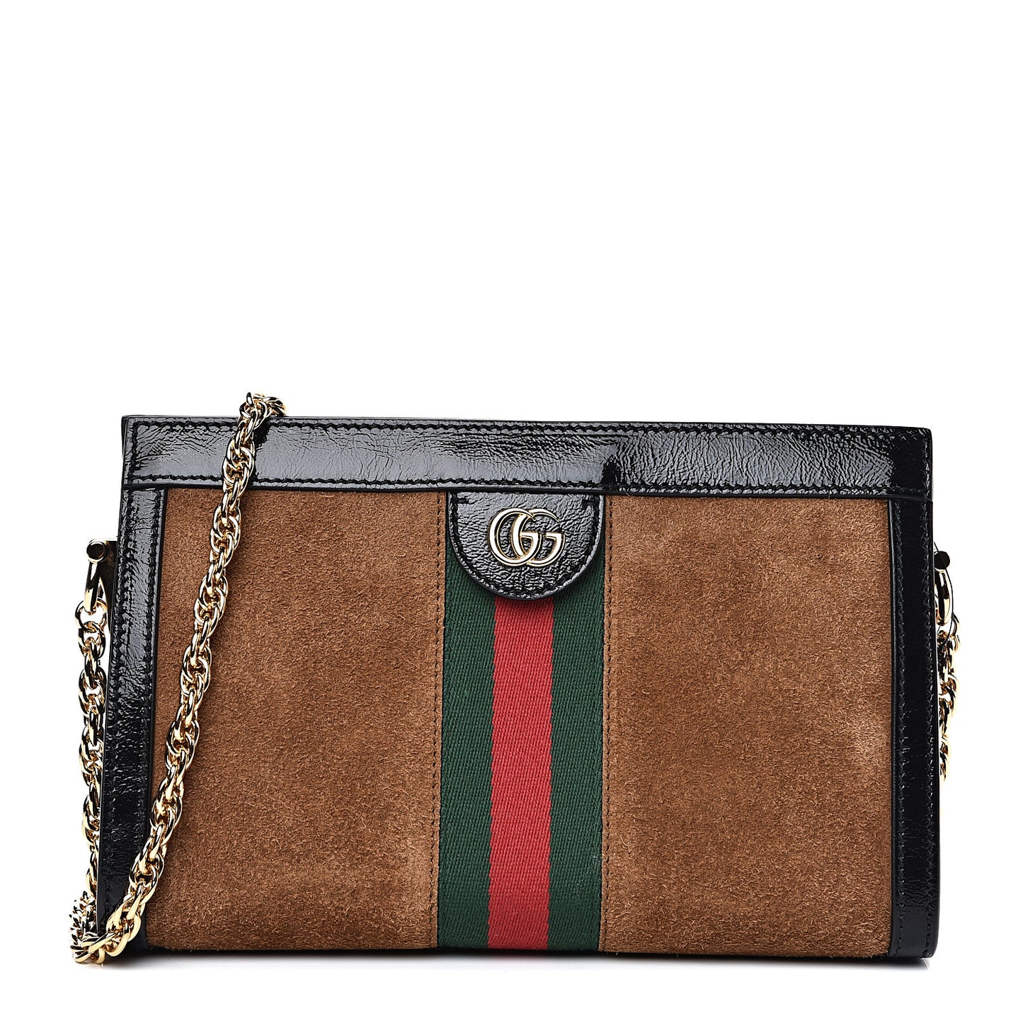 Suede Patent Web Small Ophidia Chain Shoulder Bag Nocciola Black