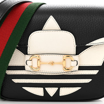 Gucci X ADIDAS Textured Dollar Calfskin Web Trefoil Mini Horsebit 1955 Shoulder Bag Black Off White 8 of 10