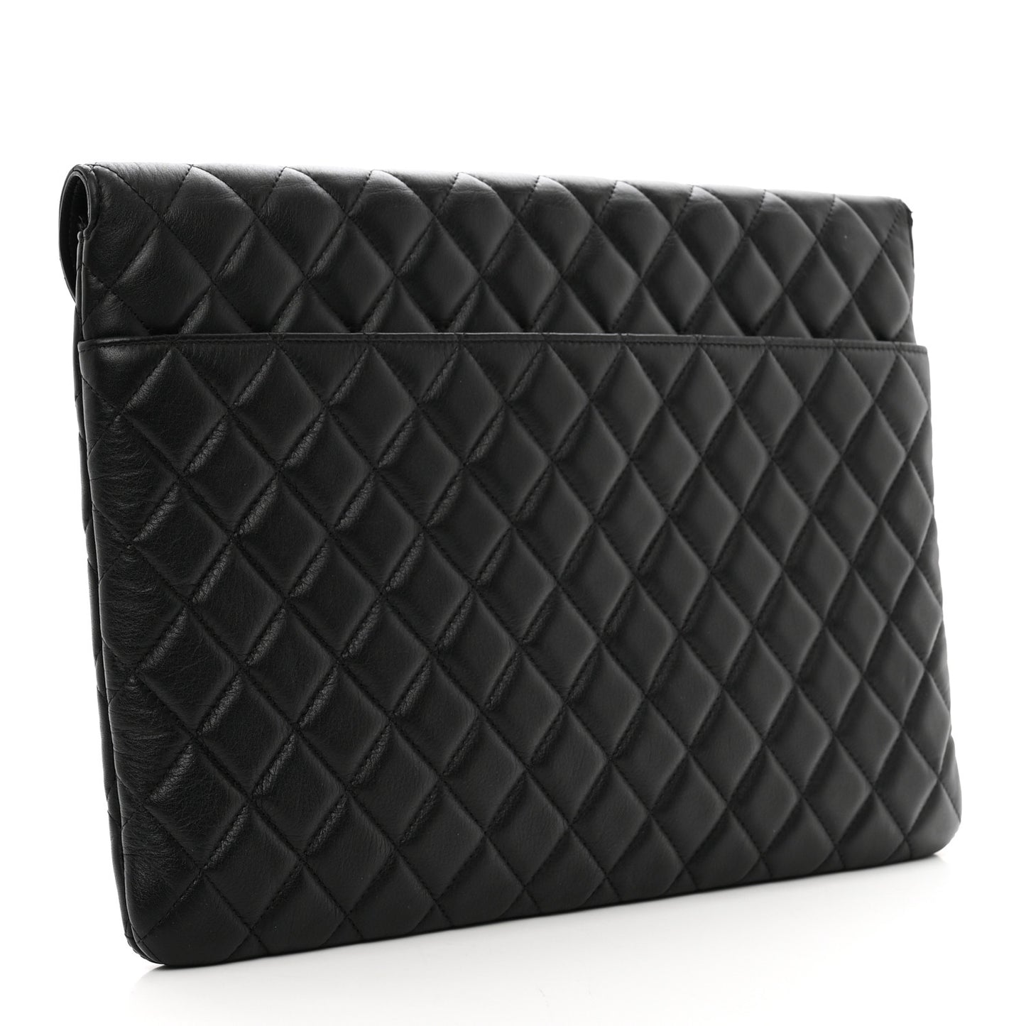 Calfskin Quilted Front Logo Enchained Clutch Black