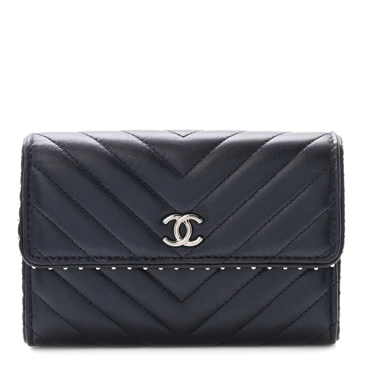 Lambskin Chevron Quilted Studded Small Flap Wallet Navy Blue