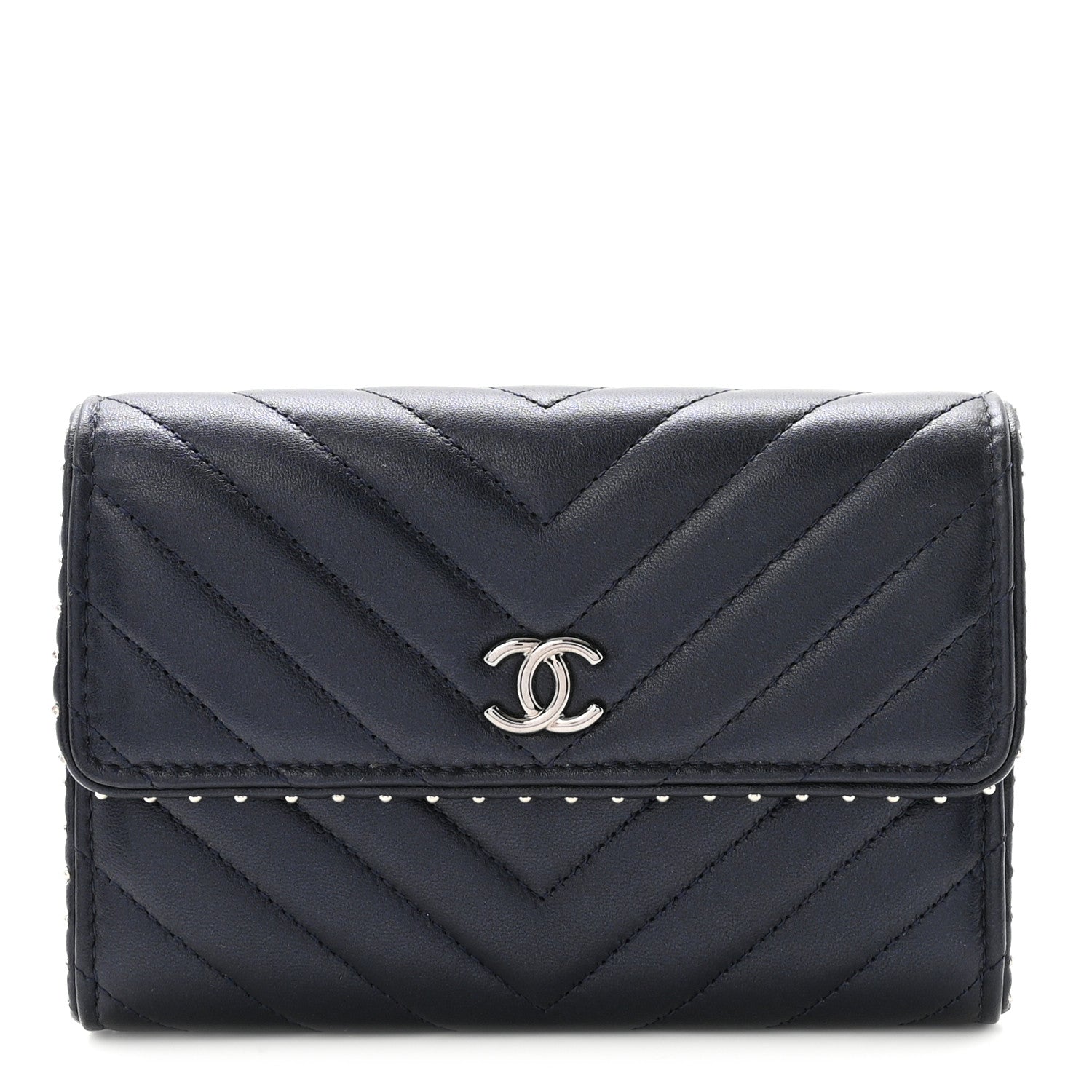 Chanel Lambskin Chevron Quilted Studded Small Flap Wallet Navy Blue 1 of 8