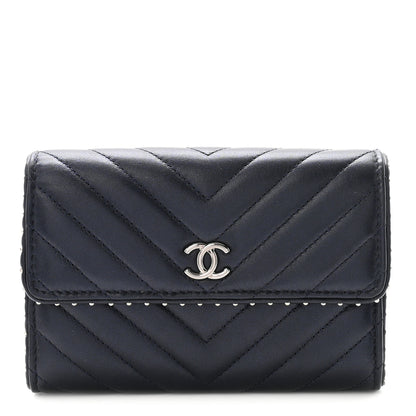 Chanel Lambskin Chevron Quilted Studded Small Flap Wallet Navy Blue 1 of 8
