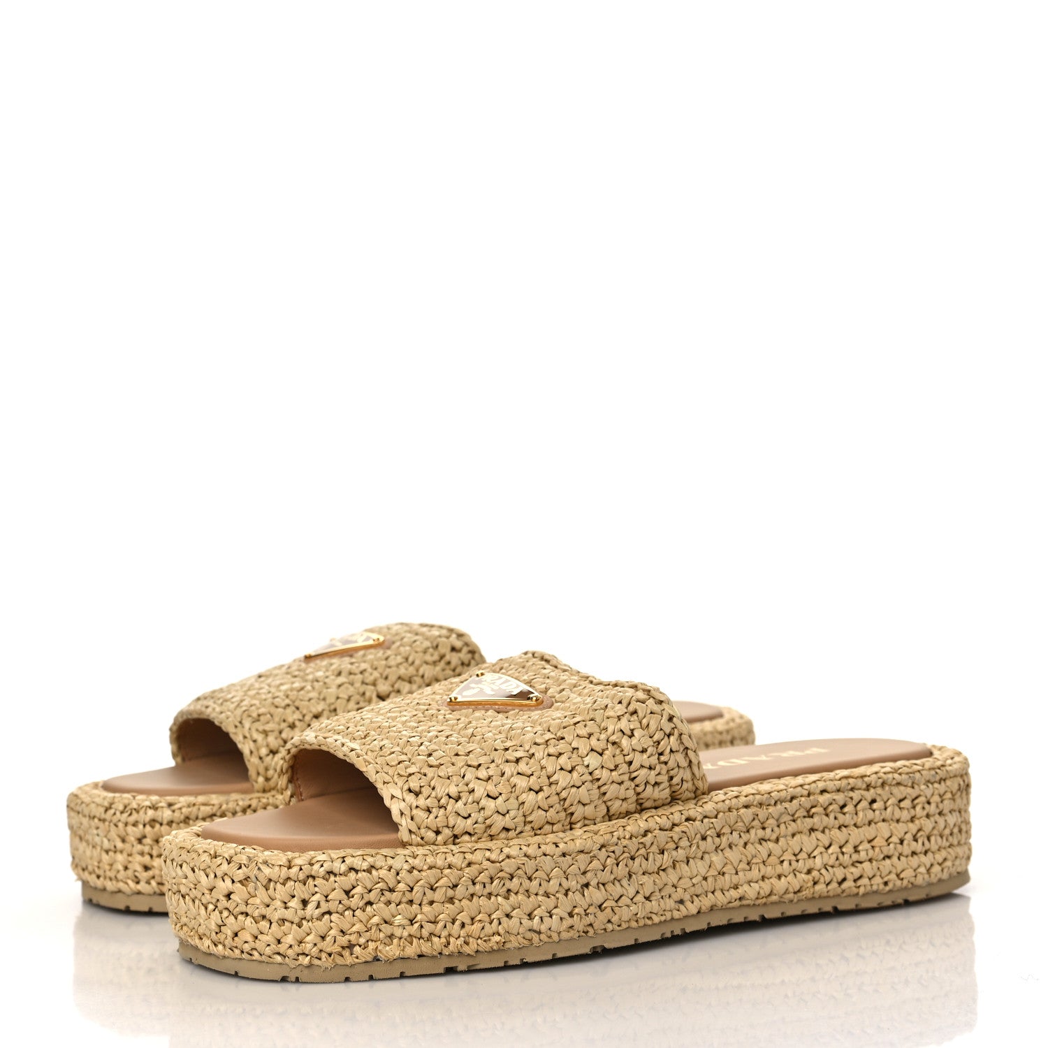 Prada Raffia Metal Triangle Logo Woven Flatform 35mm Slide Sandals 38 Naturale 3 of 8