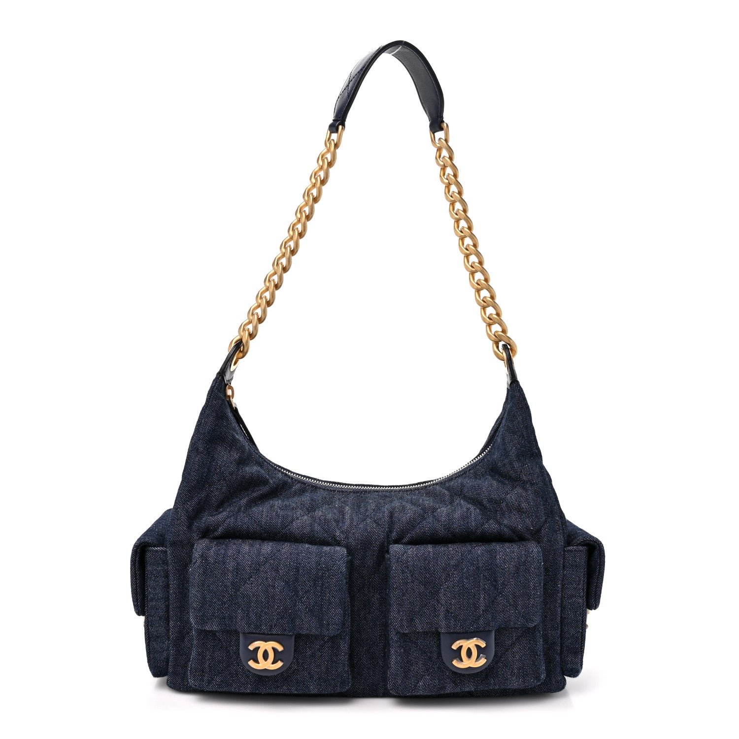 Chanel Washed Denim Quilted Large Trendy Pockets Hobo Dark Blue 1 of 10