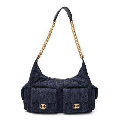 Chanel Washed Denim Quilted Large Trendy Pockets Hobo Dark Blue 1 of 10
