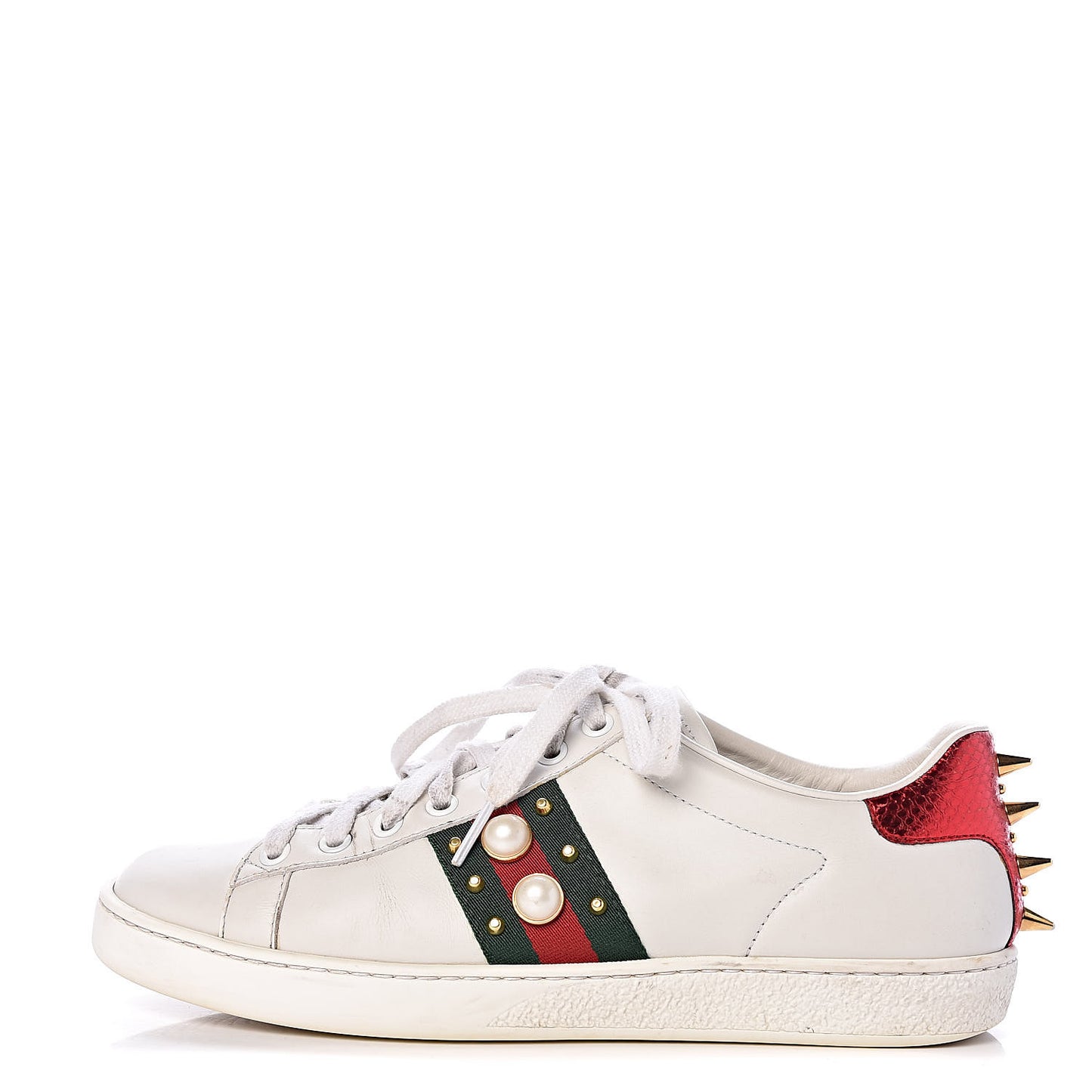 Calfskin Web Pearl Studded Womens Ace Sneakers 37.5 White