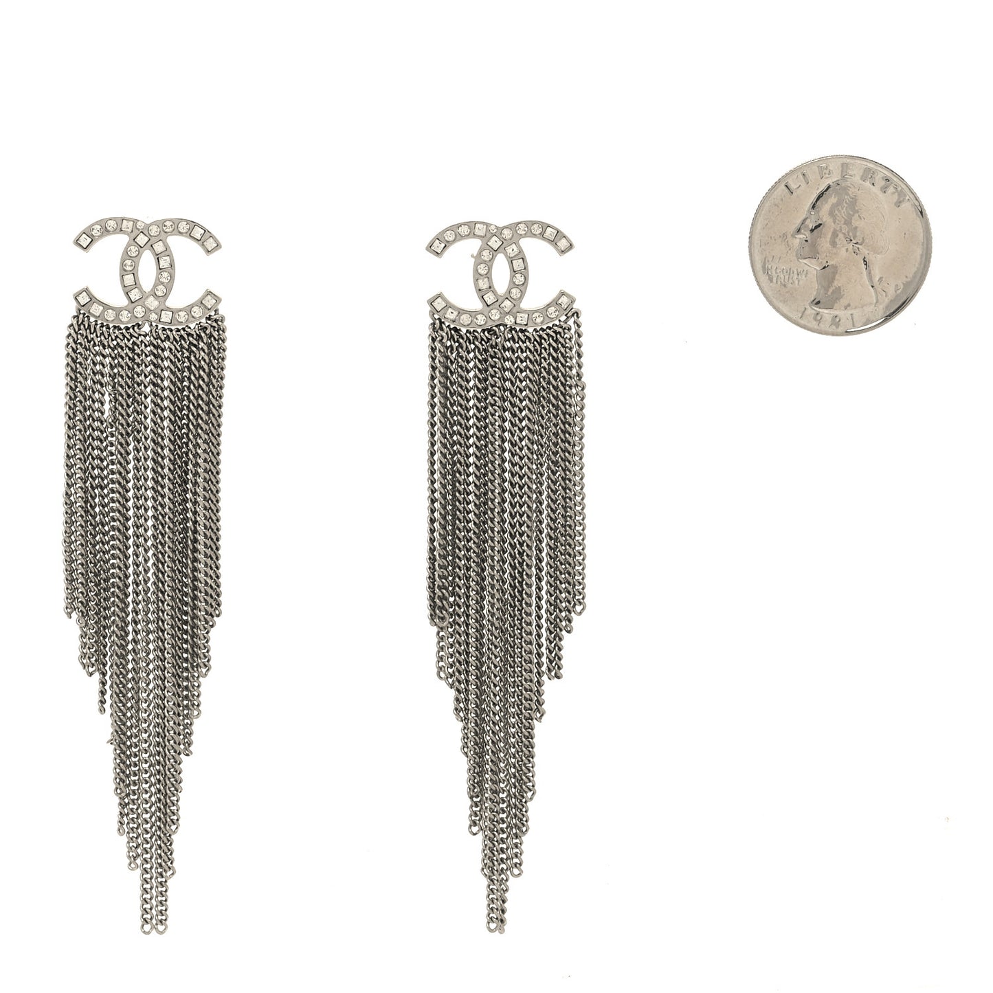 Baguette Crystal CC Chain Drop Earrings Silver