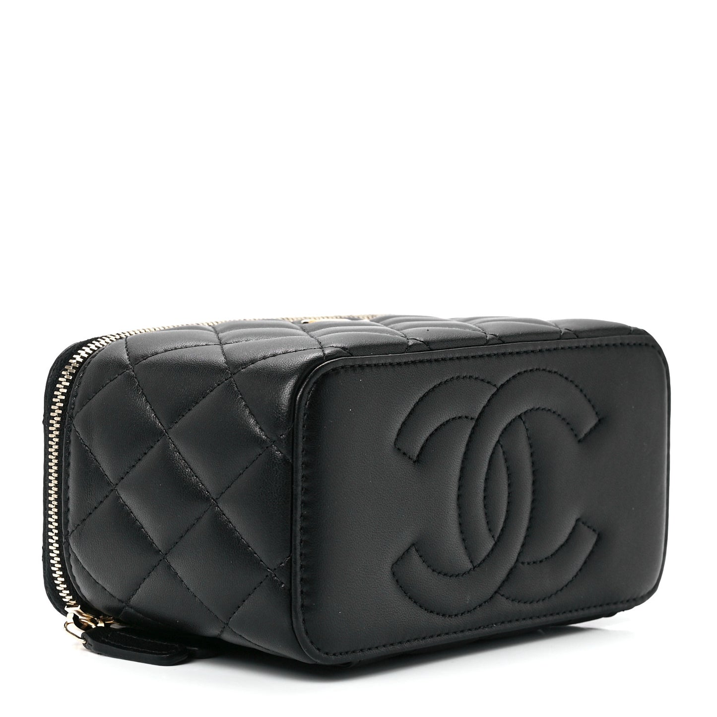 Lambskin Quilted Metal Small Top Handle Vanity Case With Chain Black