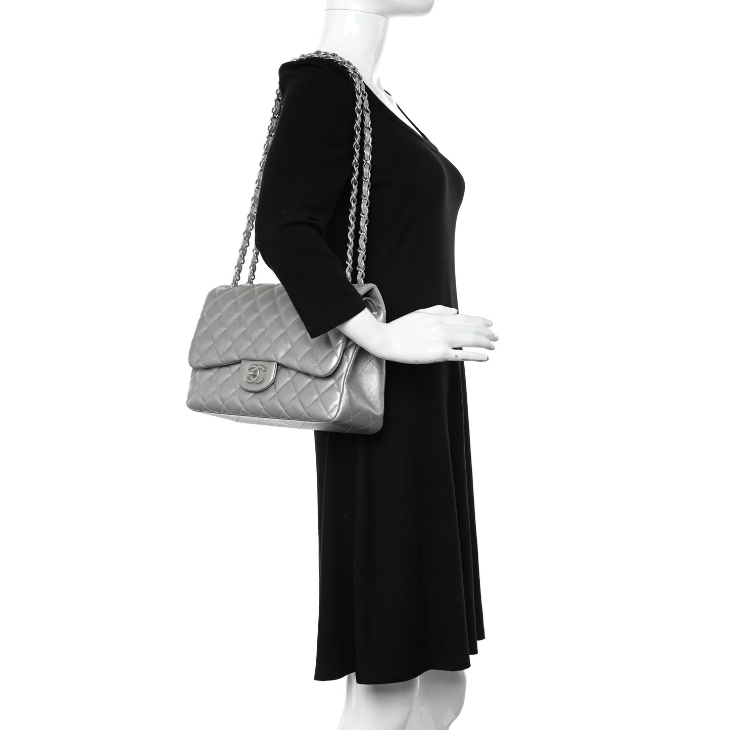 Metallic Lambskin Quilted Jumbo Double Flap Silver