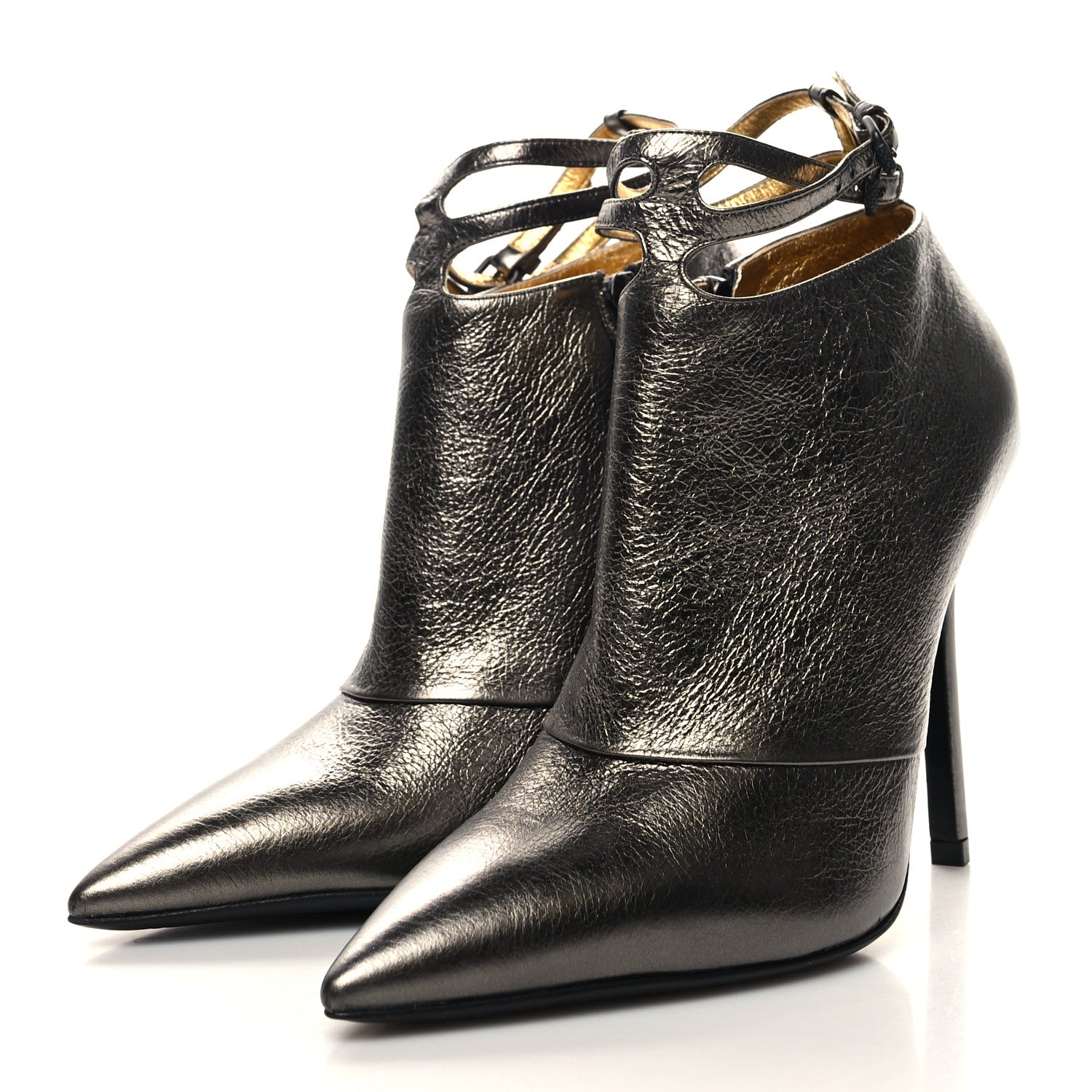 Bottega Veneta Metallic Calfskin Ankle Strap High Heel Booties 35 Antique Silver 3 of 7