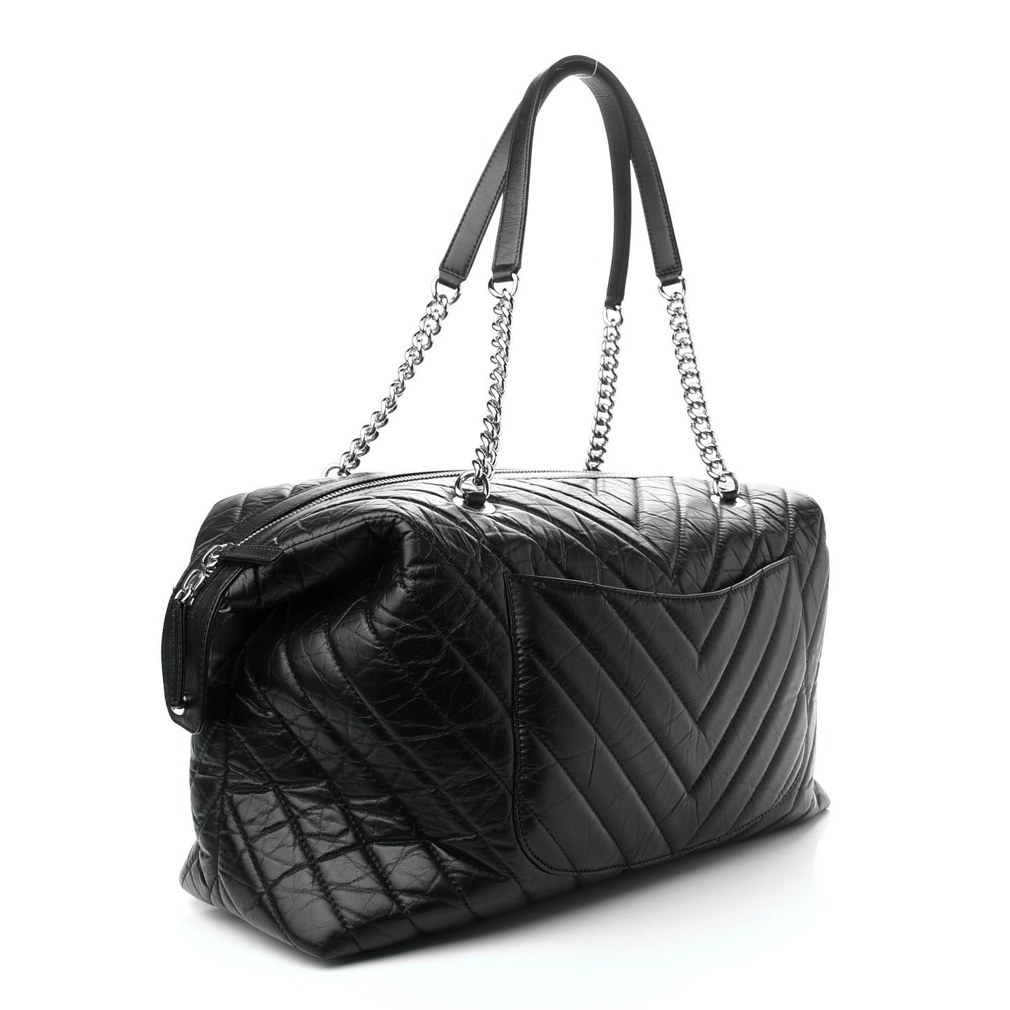 Aged Calfskin Chevron Quilted Duffle Bag Black