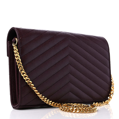 Saint Laurent Grain De Poudre Matelasse Chevron Monogram Chain Wallet Rouge Legion 3 of 9