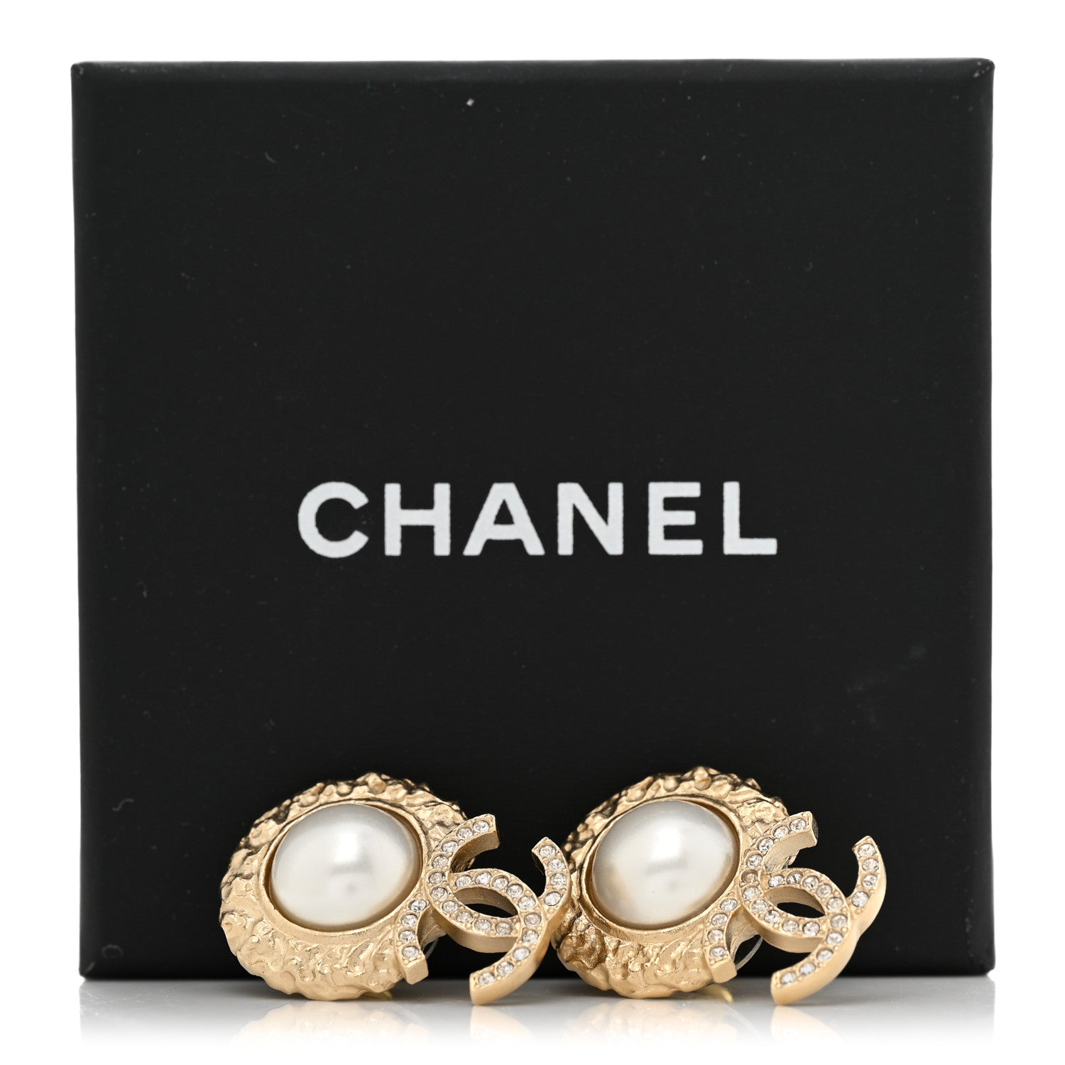 Chanel Crystal Pearl Textured CC Round Drop Earrings Gold 5 of 5