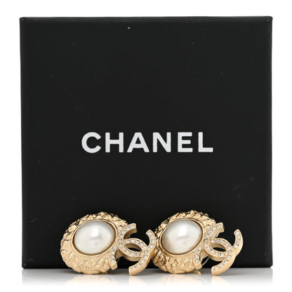 Chanel Crystal Pearl Textured CC Round Drop Earrings Gold 5 of 5