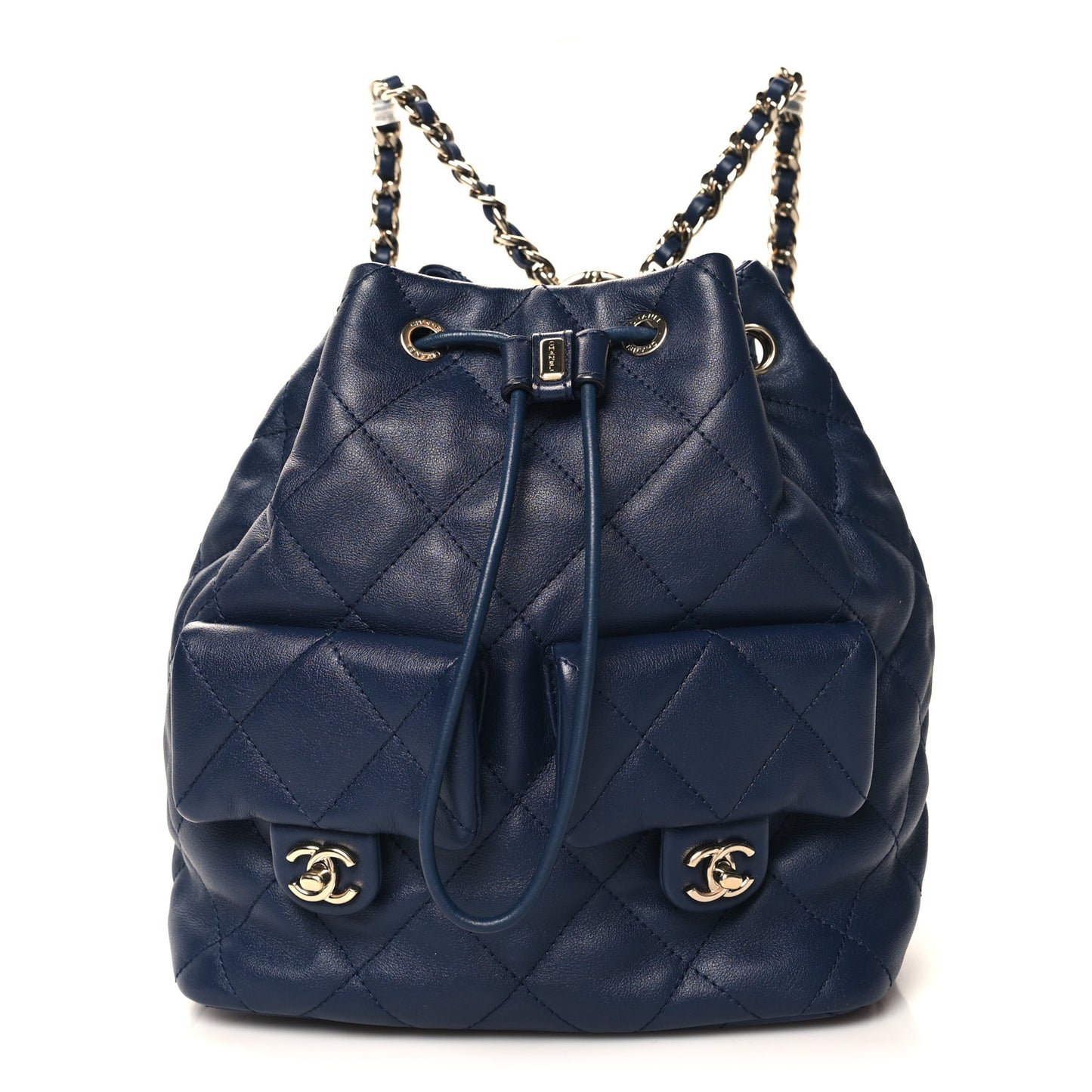 Lambskin Quilted Double Pocket Drawstring Backpack Navy