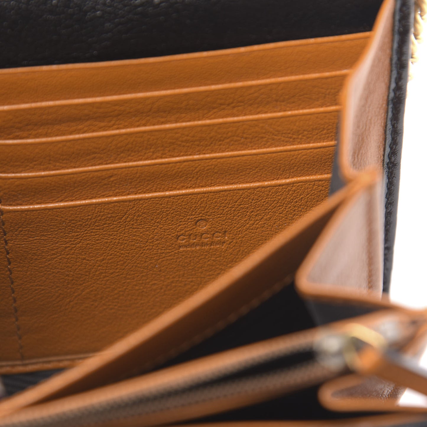 Vintage Effect Calfskin Matelasse Diagonal Torchon GG Marmont Chain Wallet Cognac