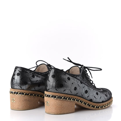 Chanel Metallic Calfskin CC Lace Up Chain Oxfords 37.5 Silver Black 4 of 9