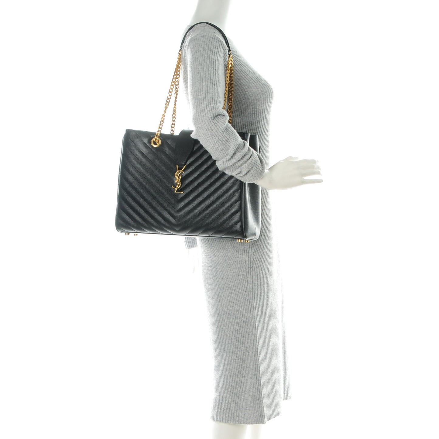 Grain De Poudre Matelasse Chevron Monogram Shopping Bag Black