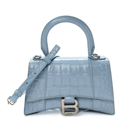 Balenciaga Shiny Calfskin Crocodile Embossed Hourglass Top Handle Bag XS Blue Grey 1 of 8