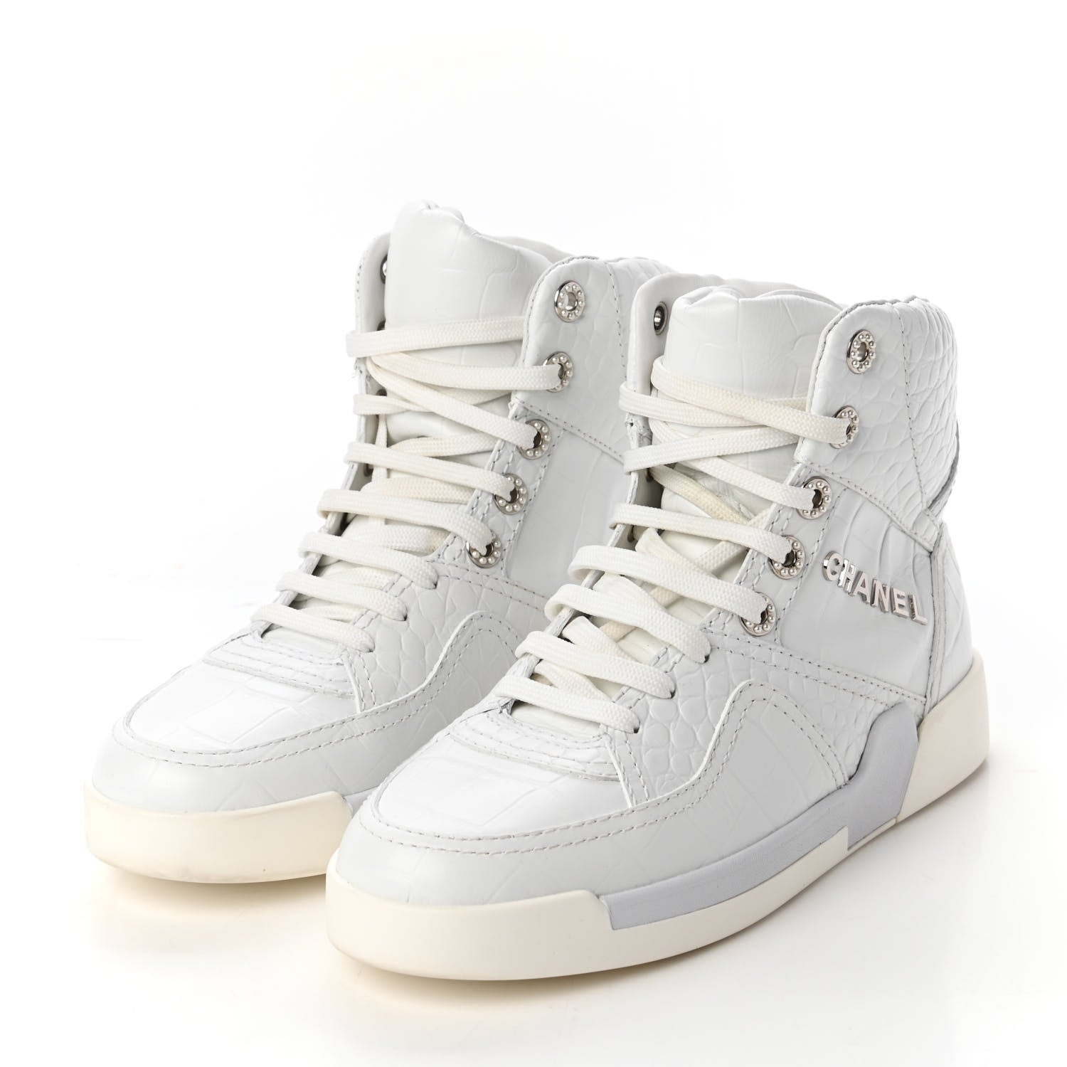 Chanel Calfskin Crocodile Embossed Cocodile High Top Sneakers 37.5 White 3 of 9