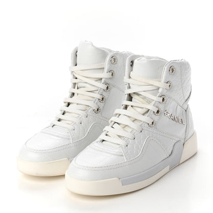 Chanel Calfskin Crocodile Embossed Cocodile High Top Sneakers 37.5 White 3 of 9