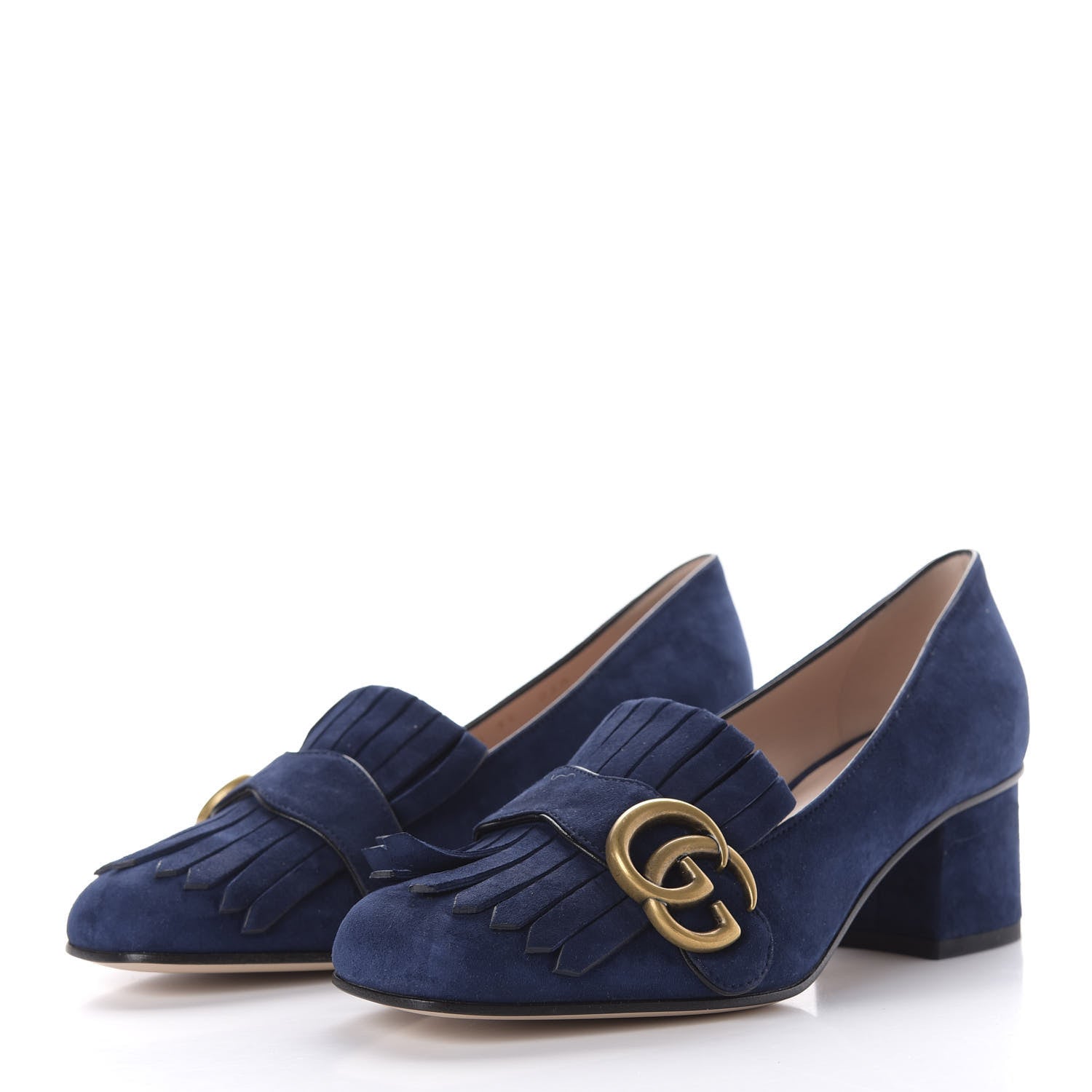 Gucci Kid Scamosciato GG Marmont Fringe 50mm Loafer Pumps 35 Blue Ink 4 of 10