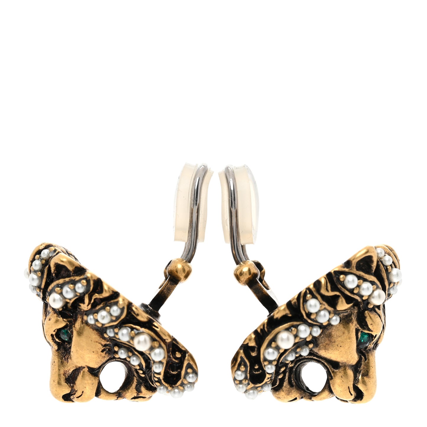 Metal Crystal Lion Clip On Earrings Aged Gold