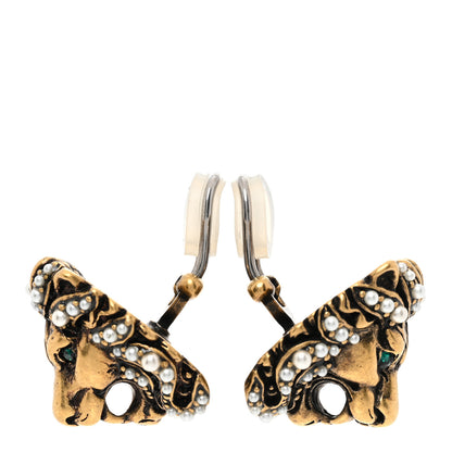 Gucci Metal Crystal Lion Clip On Earrings Aged Gold 3 of 4