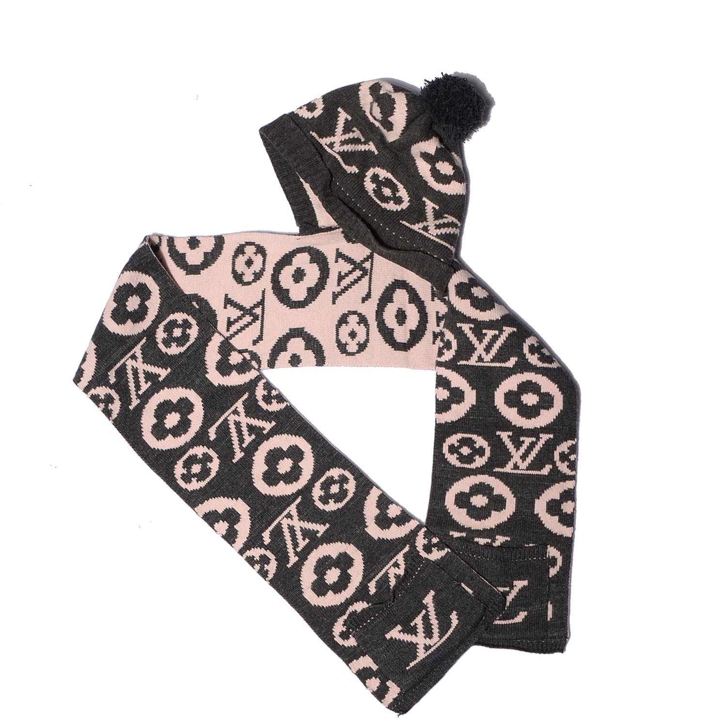 Louis Vuitton Monogram Knit Wool Hooded Scarf Pink Grey 1 of 4