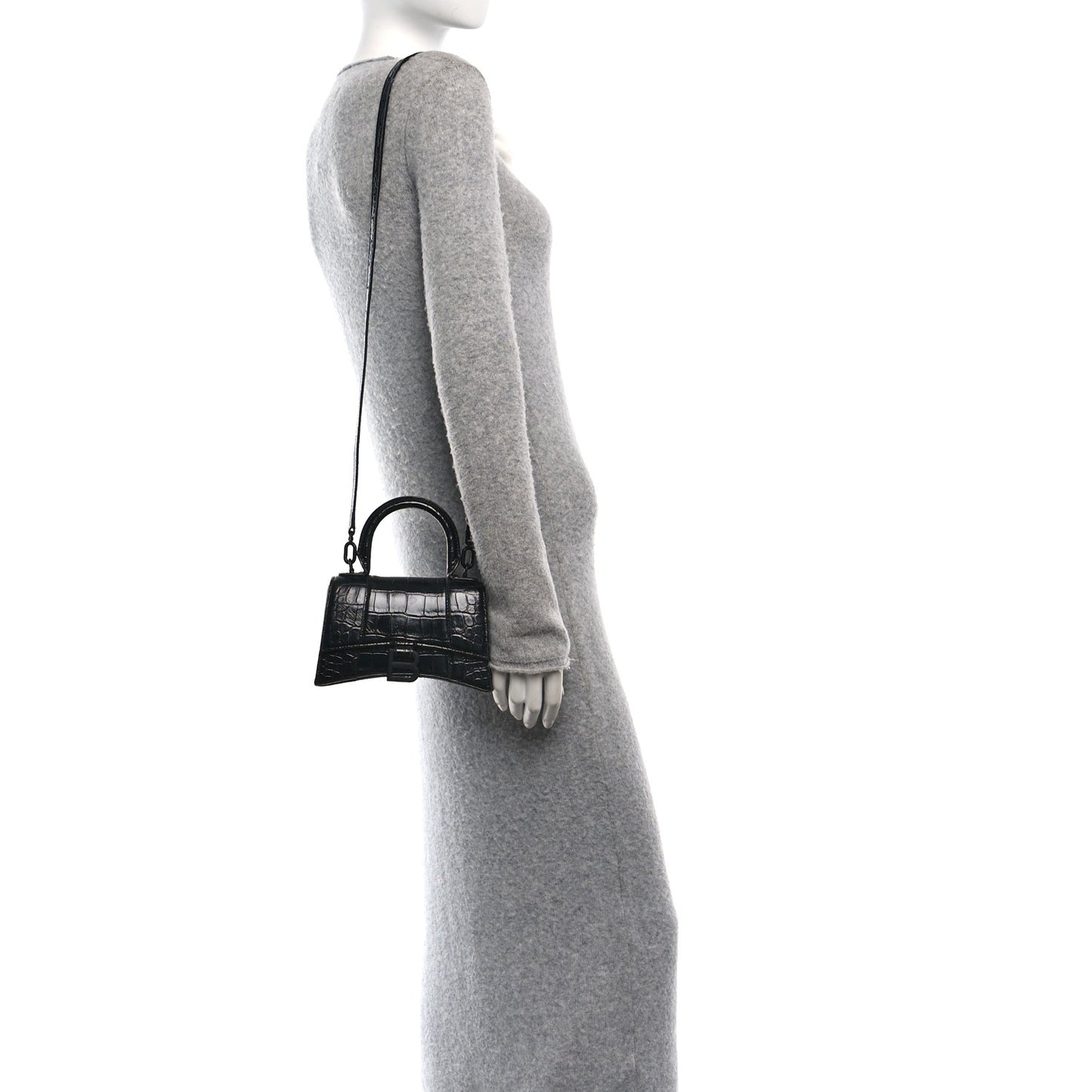 Shiny Calfskin Monochrome Crocodile Embossed Hourglass Top Handle Bag XS Black