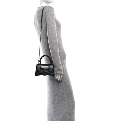 Balenciaga Shiny Calfskin Monochrome Crocodile Embossed Hourglass Top Handle Bag XS Black 2 of 15
