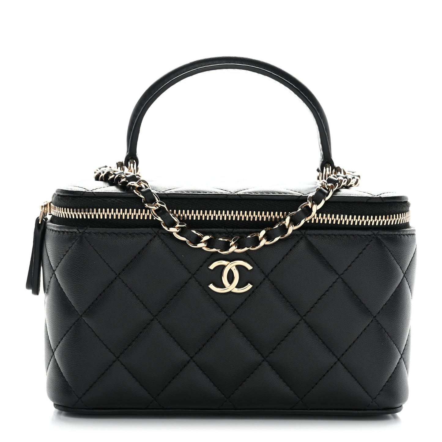 Lambskin Quilted Small Top Handle Vanity Case With Chain Black