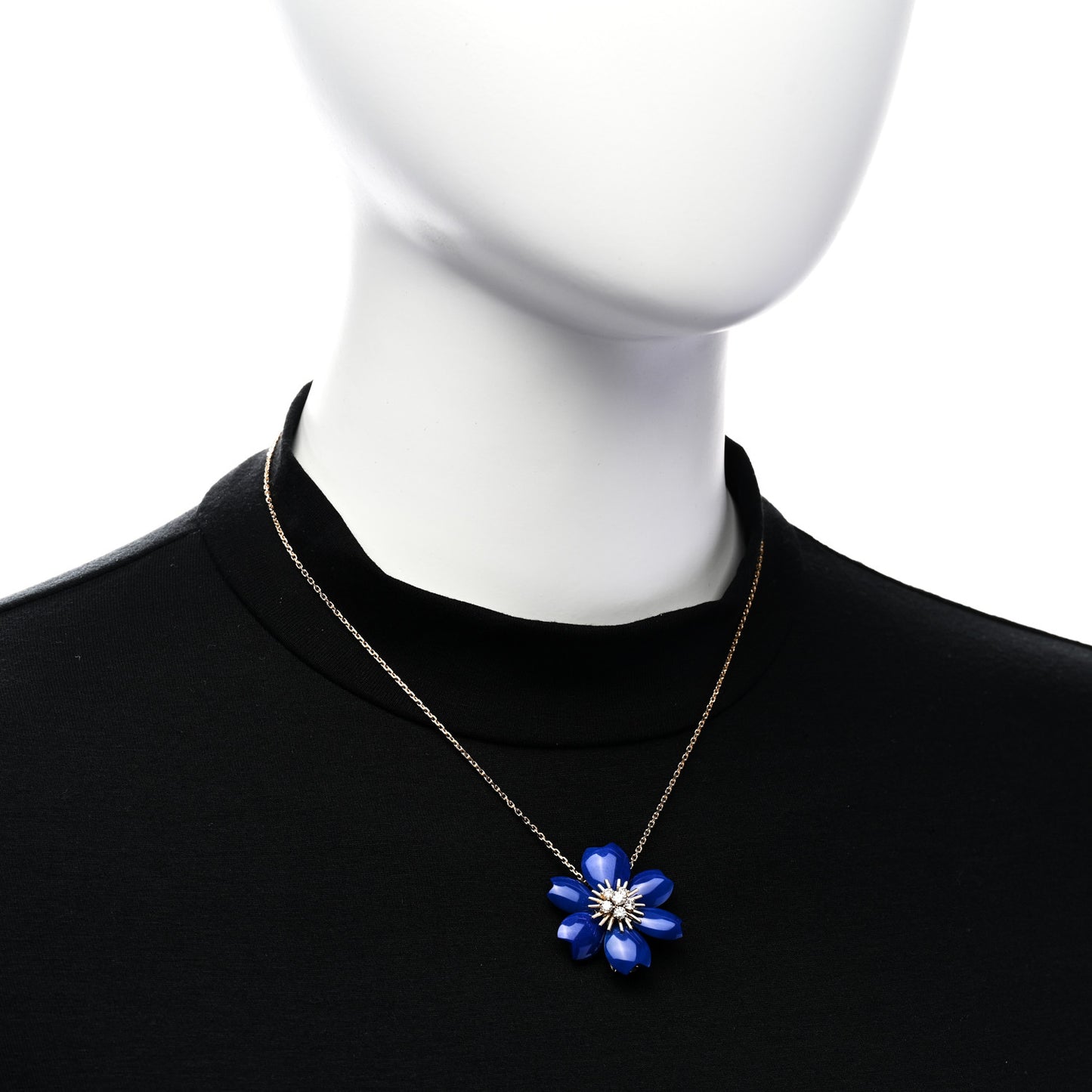 18K Yellow Gold Diamond Lapis Lazuli Small Rose De Noel Pendant Necklace