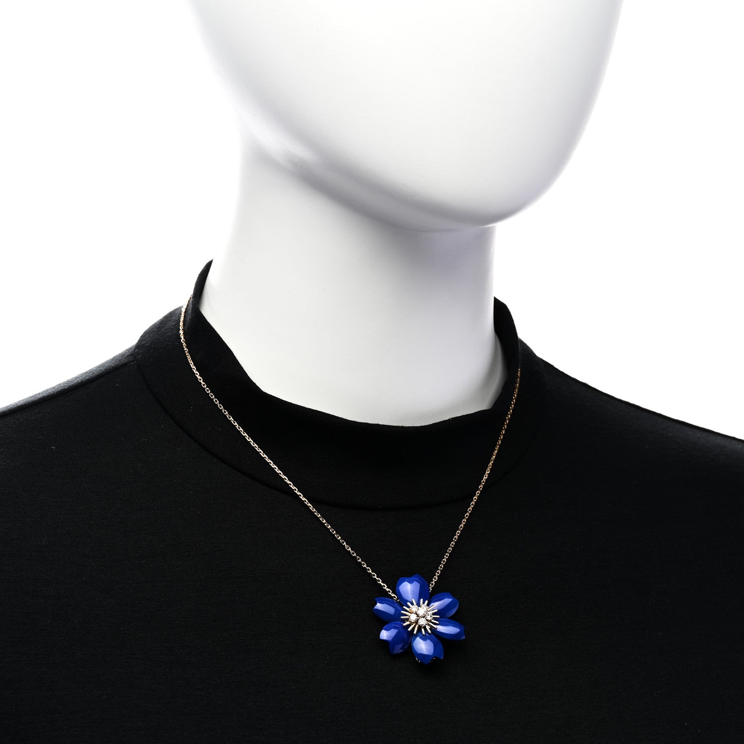 Van Cleef & Arpels 18K Yellow Gold Diamond Lapis Lazuli Small Rose De Noel Pendant Necklace 2 of 9
