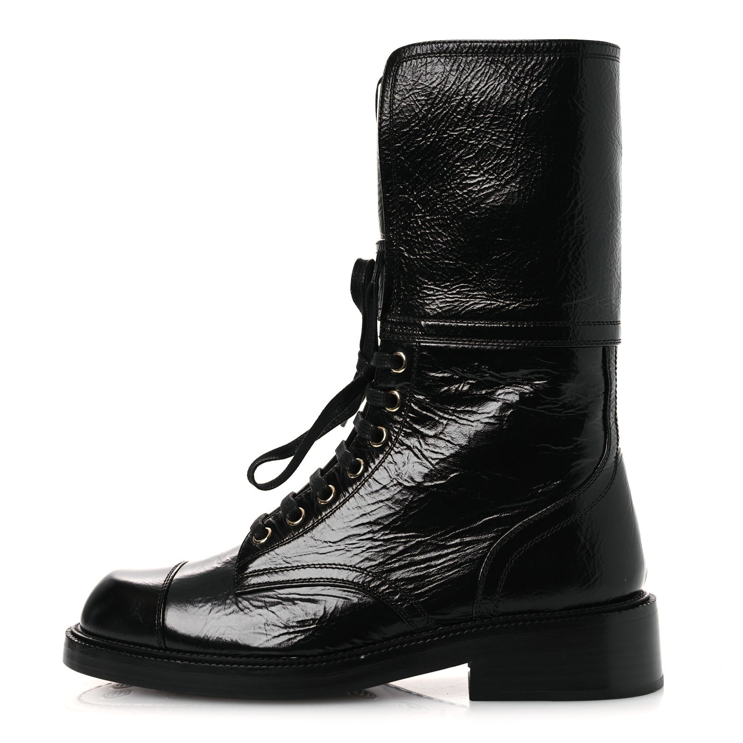 Shiny Calfskin Lace Up Combat Boots 38.5 Black