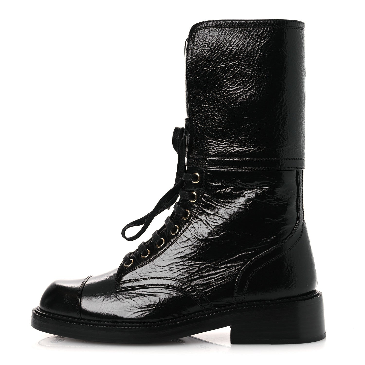 Chanel Shiny Calfskin Lace Up Combat Boots 38.5 Black 1 of 10