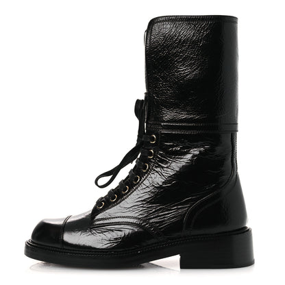 Chanel Shiny Calfskin Lace Up Combat Boots 38.5 Black 1 of 10
