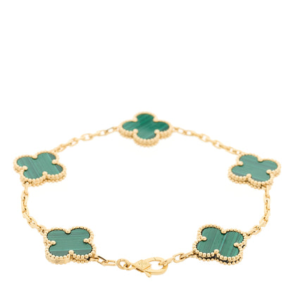 Van Cleef & Arpels 18K Yellow Gold Malachite 5 Motifs Vintage Alhambra Bracelet 2 of 4