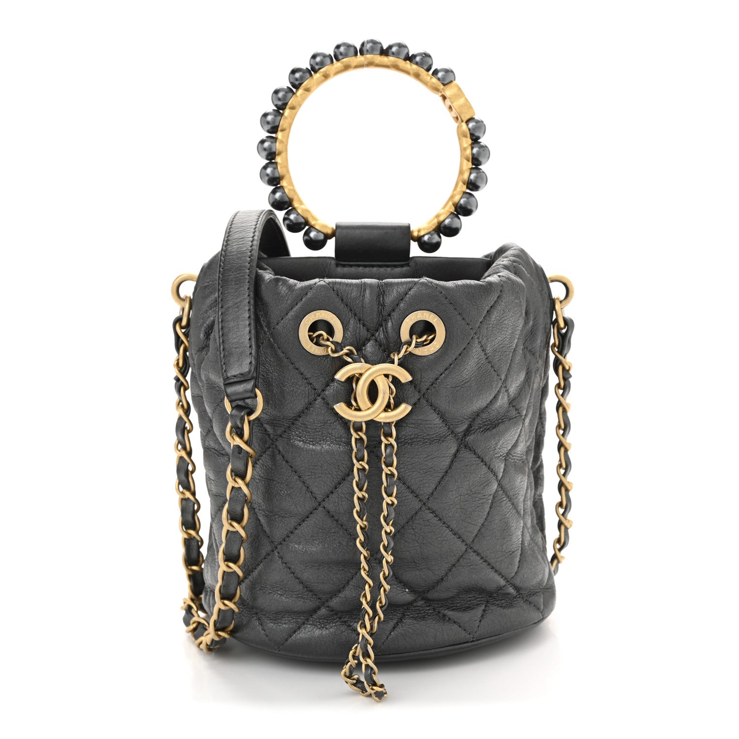 Chanel Metallic Lambskin Quilted Pearl Crown Drawstring Bag Anthracite 1 of 11