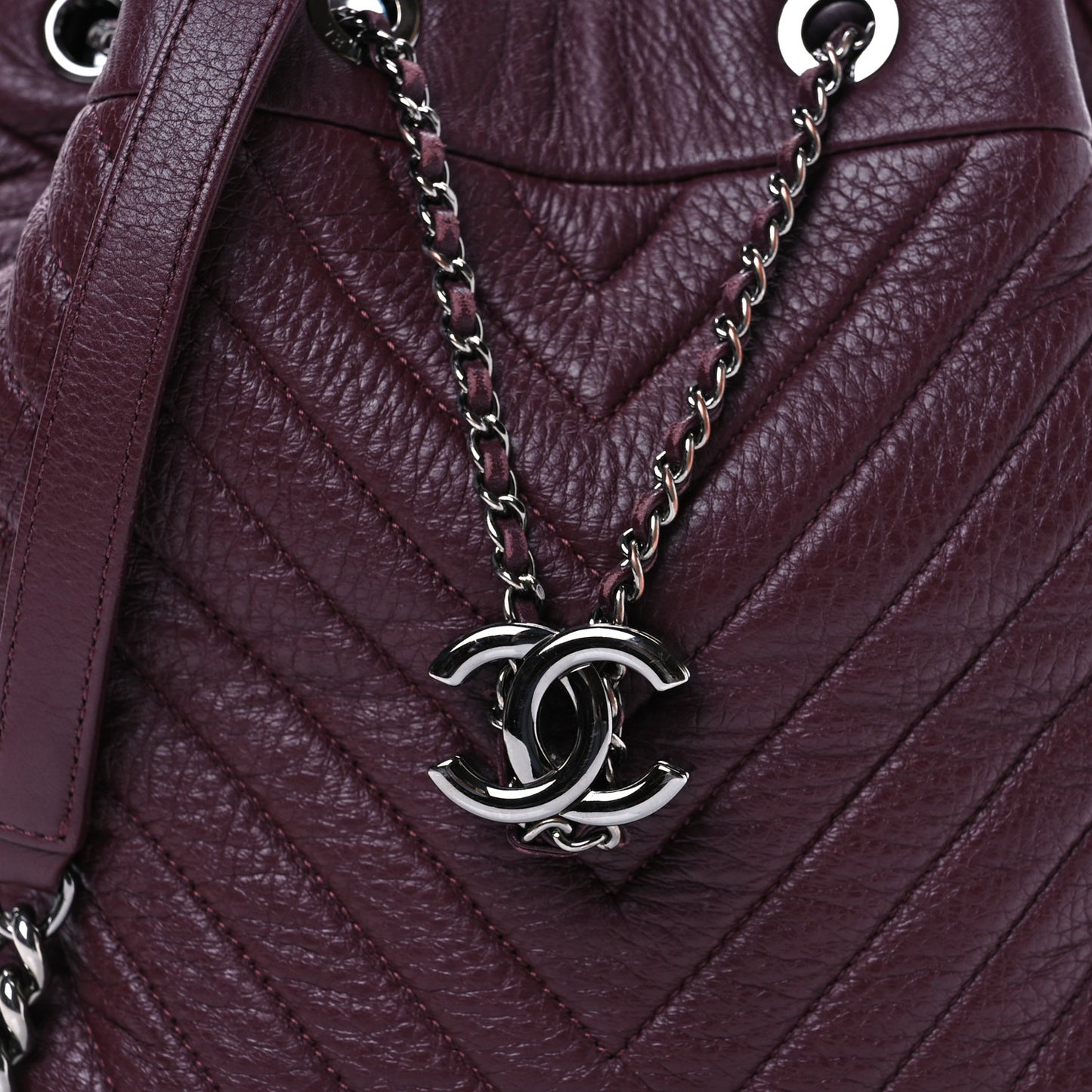 Deerskin Chevron Medium CC Chain Bucket Drawstring Bag Burgundy
