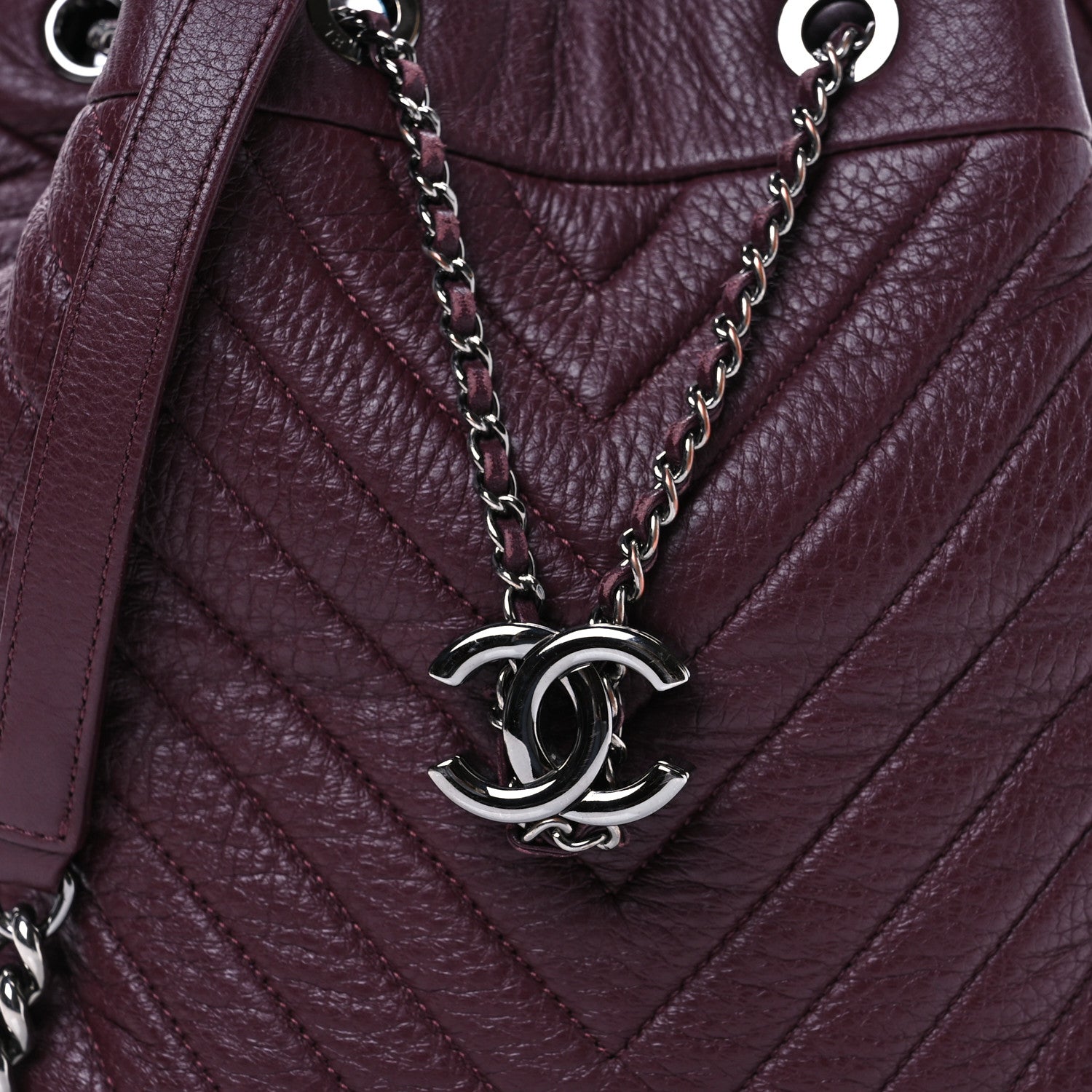 Chanel Deerskin Chevron Medium CC Chain Bucket Drawstring Bag Burgundy 8 of 10
