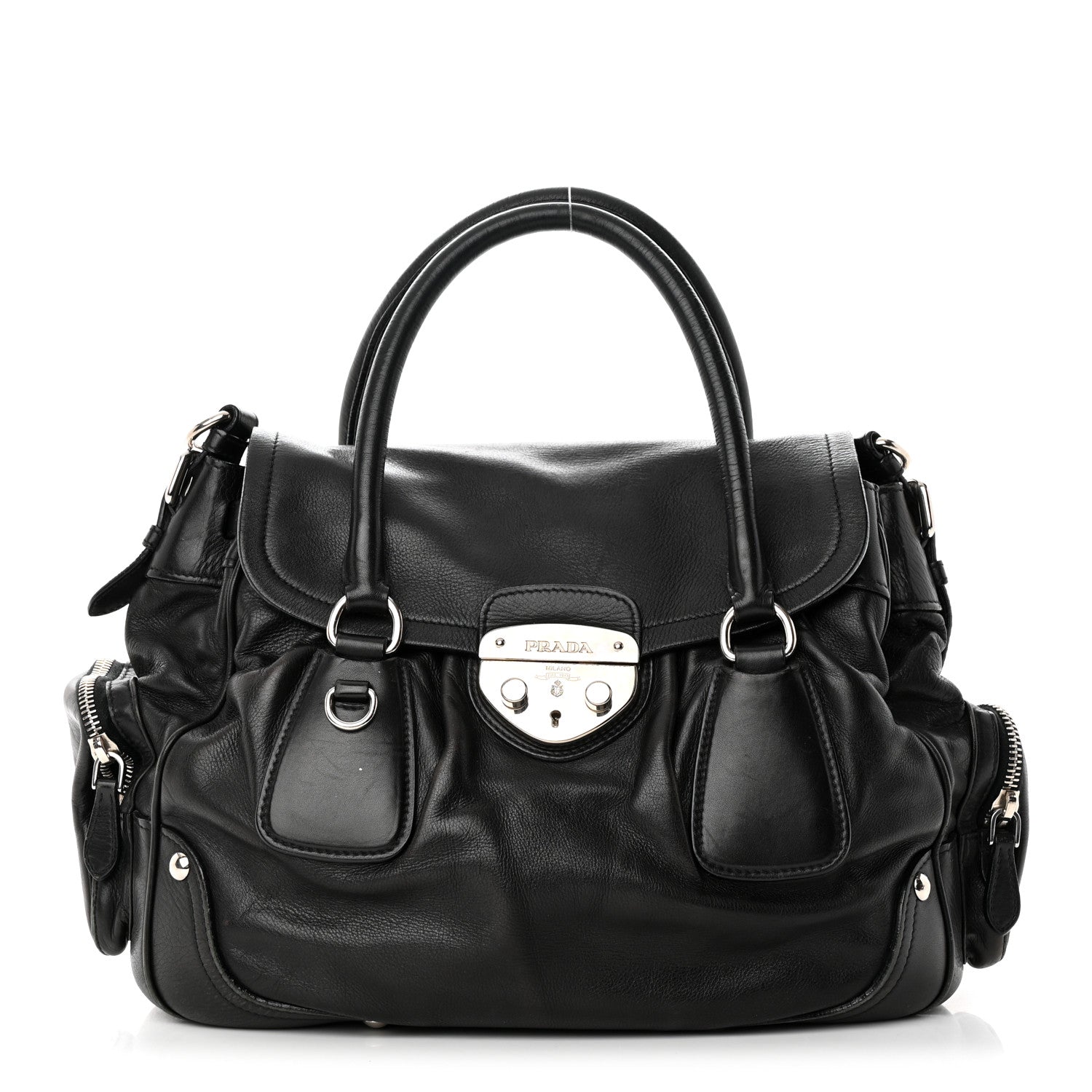Prada Cervo Antik Easy A Foldover Pushlock Flap Satchel Black 1 of 18