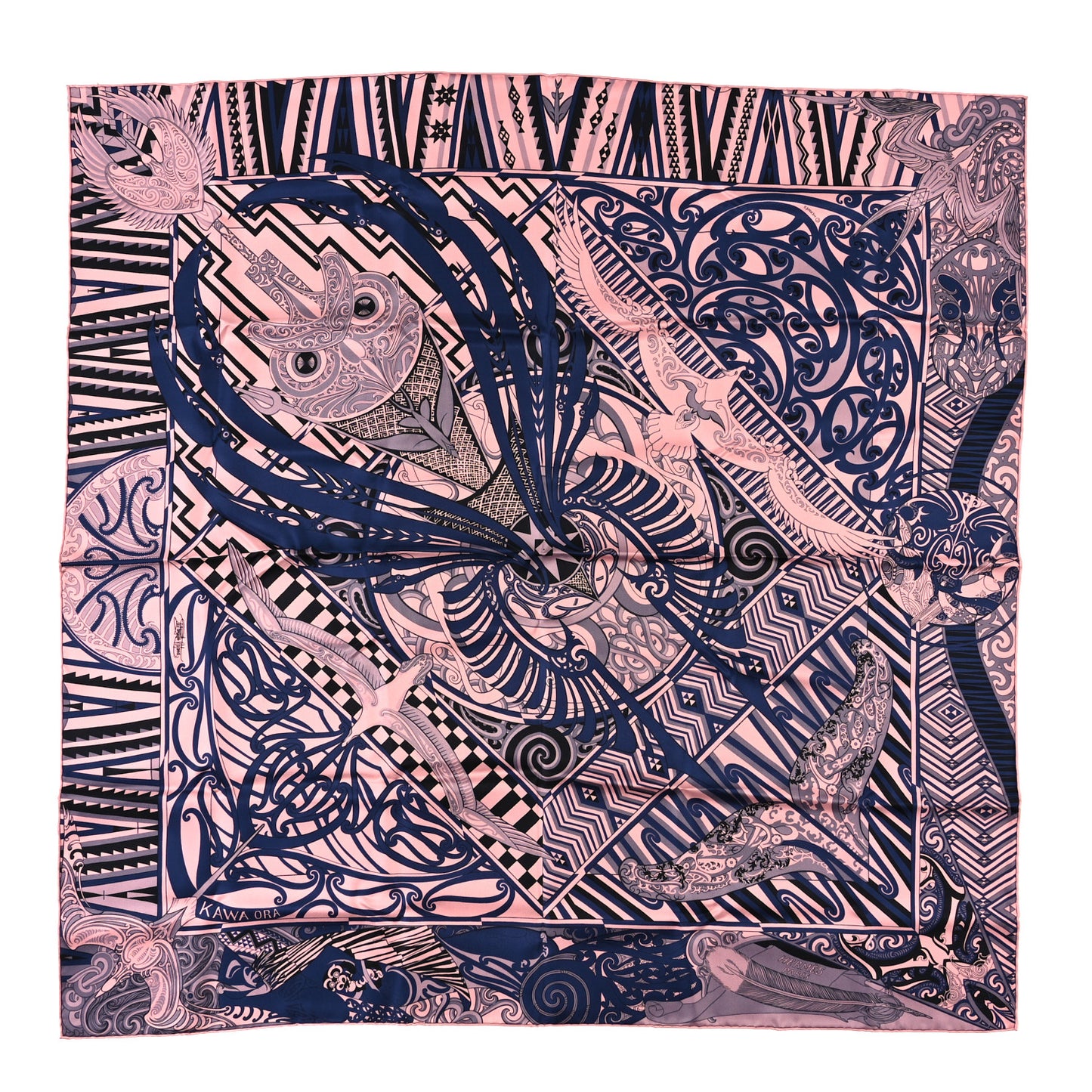 Silk Kawa Ora Scarf 90 Rose Thé Marine Black