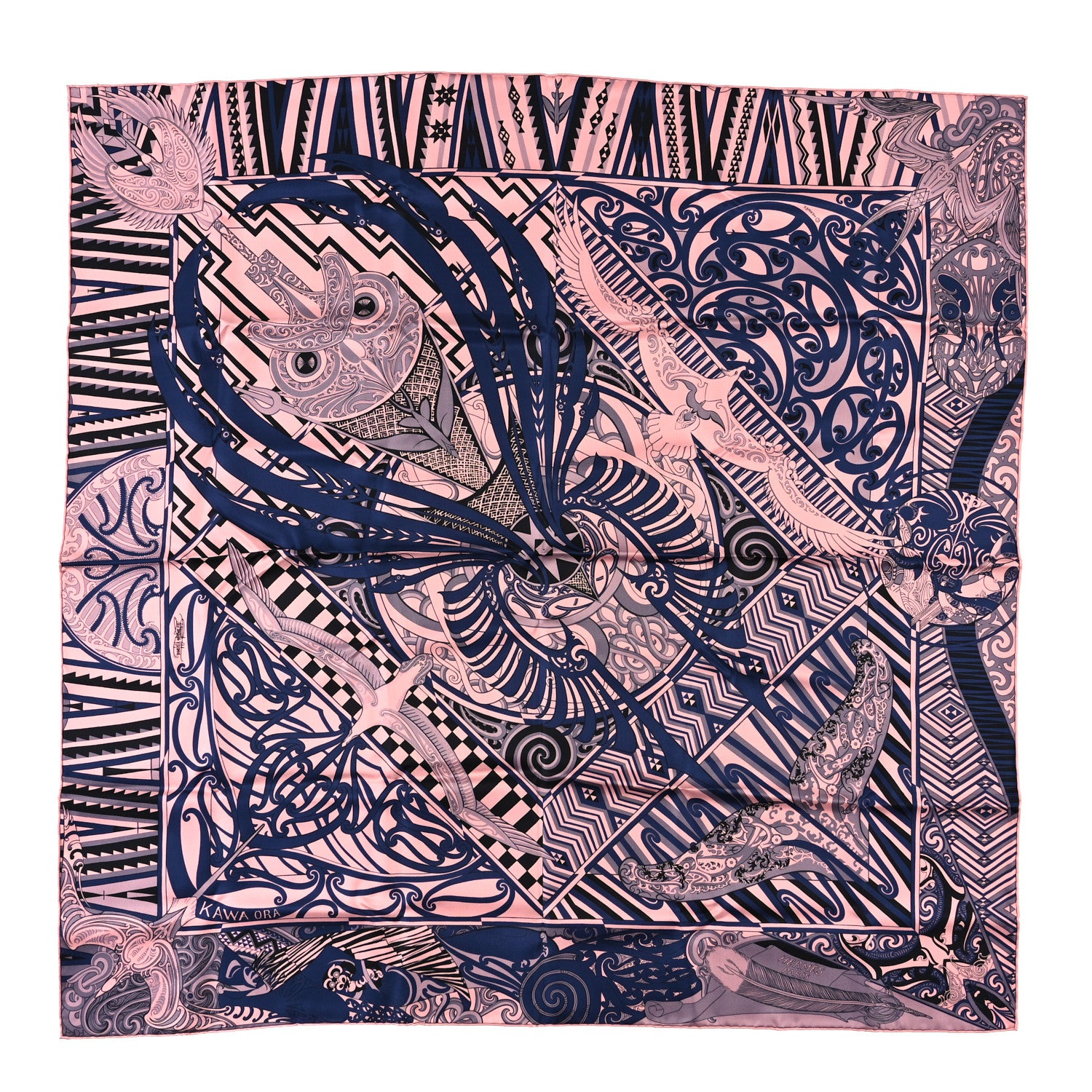 Hermes Silk Kawa Ora Scarf 90 Rose Thé Marine Black 1 of 3