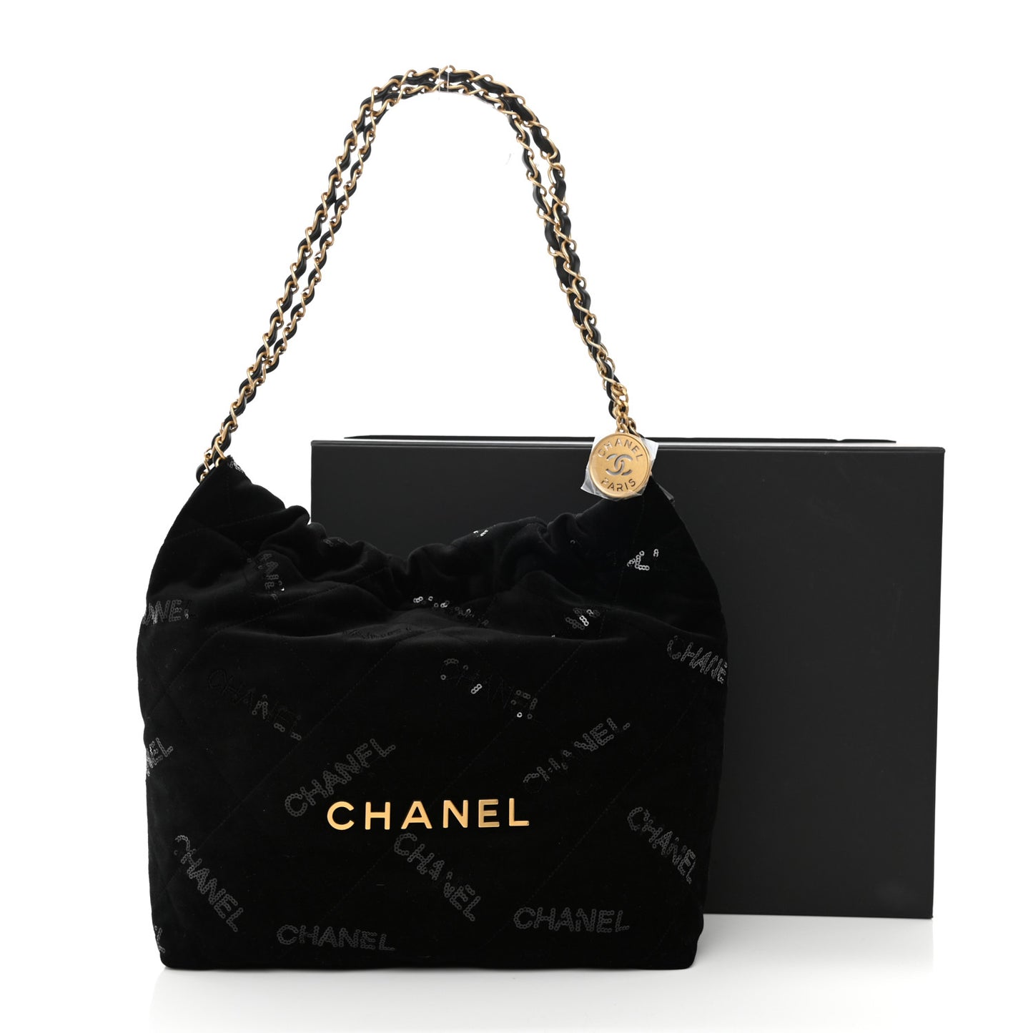 Velvet Sequin Quilted Small Chanel 22 Black