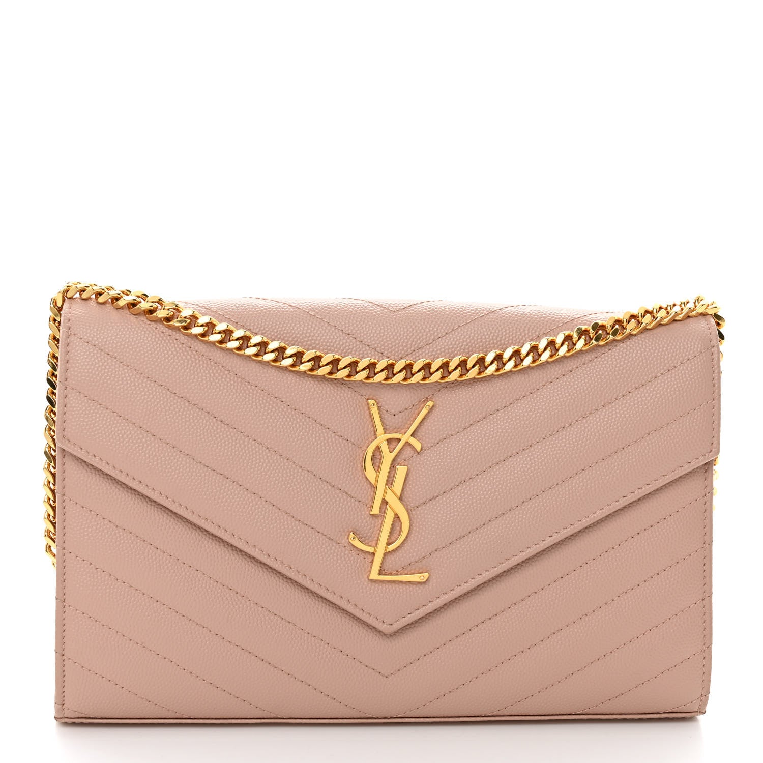Saint Laurent Grain De Poudre Matelasse Chevron Monogram Chain Wallet Pale Blush 1 of 9